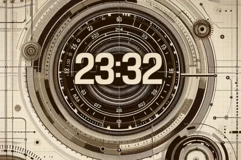 Sepia background with bold '23:32' text