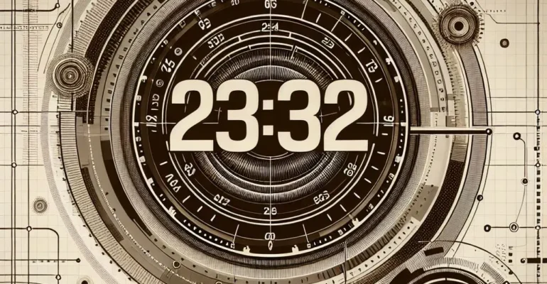 Sepia background with bold '23:32' text