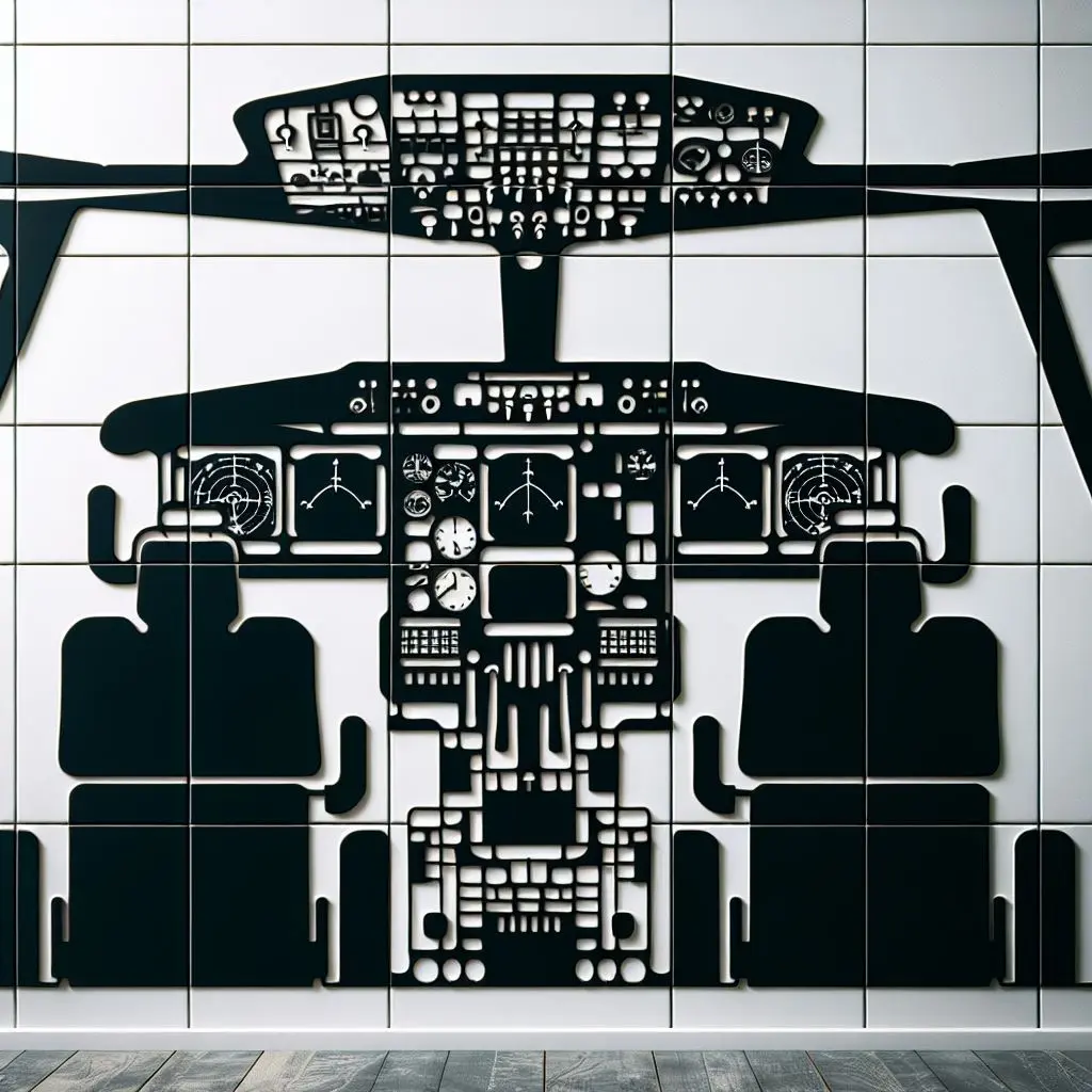 Silhouette of a plane’s cockpit on abstract tiles